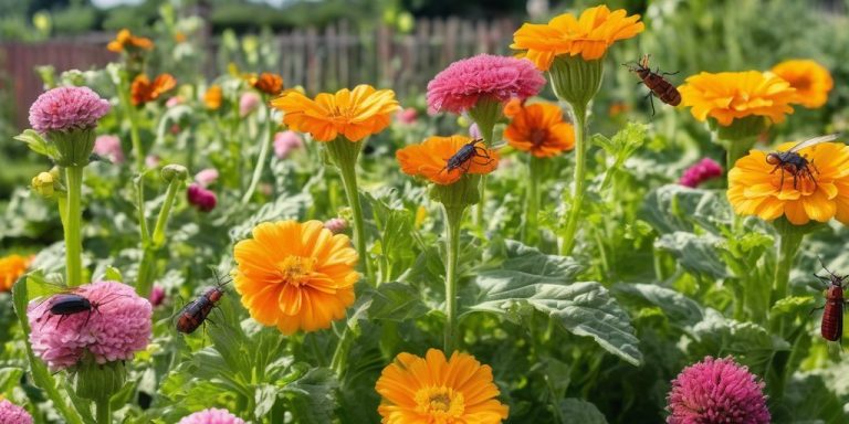 flowers in vegetable garden with insects