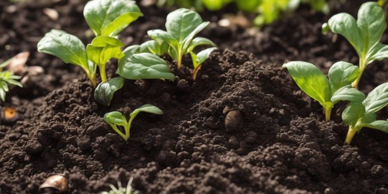 healthy garden soil with plants and compost